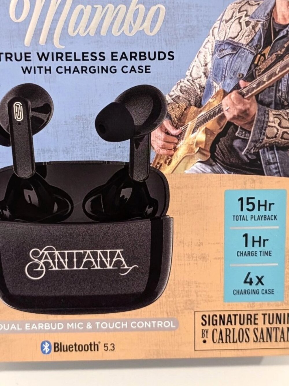 Carlos Santana Mambo True Wireless Earbuds Bluetooth 5.3 Case IPX5 Black NIB
